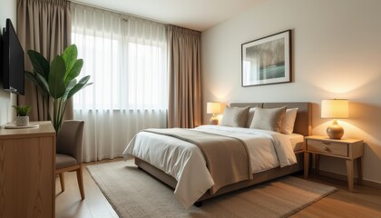 Fototapeta premium A cozy neutral-toned studio room gives an inviting and warm atmosphere.