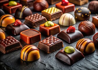 Gourmet Assorted Chocolates on Dark Slate, Luxurious Dessert Photography