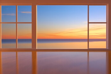 Sunset reflection on empty wooden floor