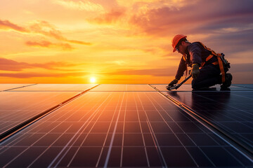 Fototapeta premium solar power, solar power roof, roof with solar panels, solar roof installation, home with solar panels , sustainable - technician installing solar panels on a residential roof