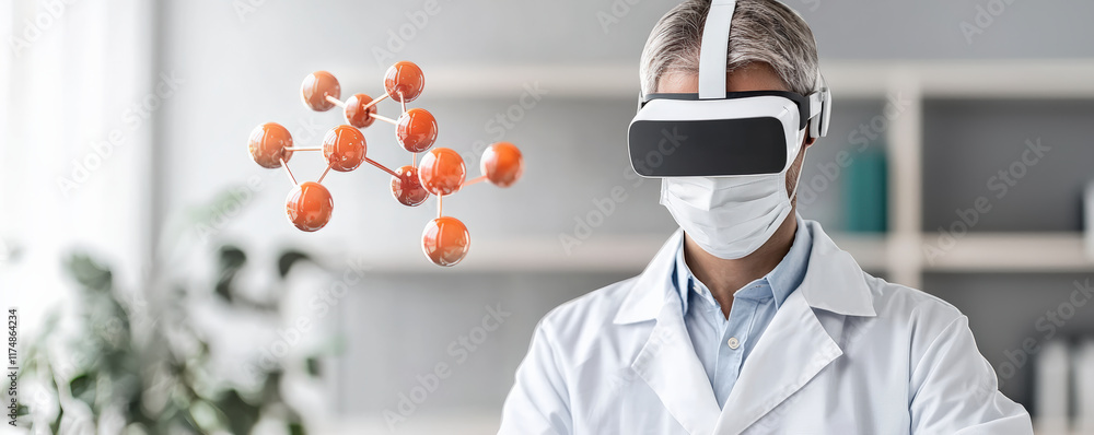Poster a scientist wearing a vr headset interacts with virtual molecules, showcasing the fusion of technolo