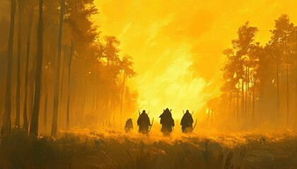 Fototapeta premium Silhouetted Figures Walking Through A Golden Forest