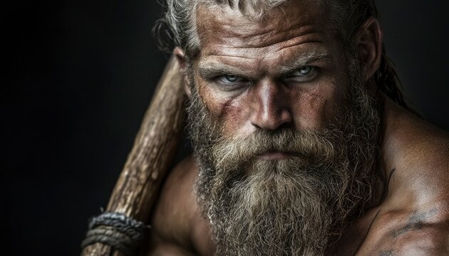A weathered warrior with long beard holds a club
