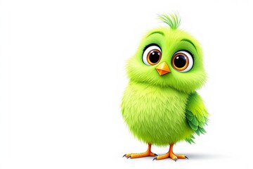 Adorable green fluffy bird with expressive big eyes and orange beak, standing on a white background. Concept of cuteness and charm. Ai generative