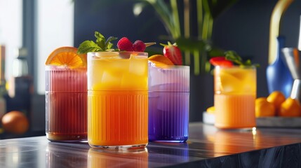 Vibrant cocktails with colorful fruit garnishes on a bar counter. 