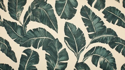 Dark teal banana leaves pattern on beige background.