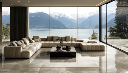 Naklejka premium Modern Sectional Sofa Lake Mountain View Living Room