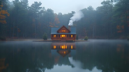 Fototapeta premium Cozy Cabin Surrounded by Misty Pine Forest on Idyllic Lake Reflects Warm Glow