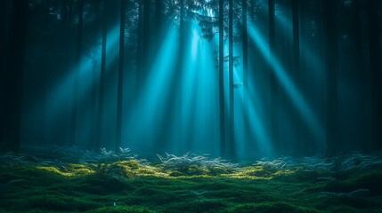 Fototapeta premium Mystical Forest Scene With Sunlight Rays Piercing Through Trees