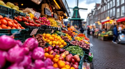 A bustling market scene filled with colorful fruits and vegetables, capturing the essence of local produce and vibrant life in a picturesque setting by a windmill in the background.