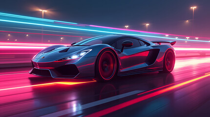 Obraz premium Futuristic Luxury Car On Neon Highway. Powerful acceleration of a premium car with colorful lights
