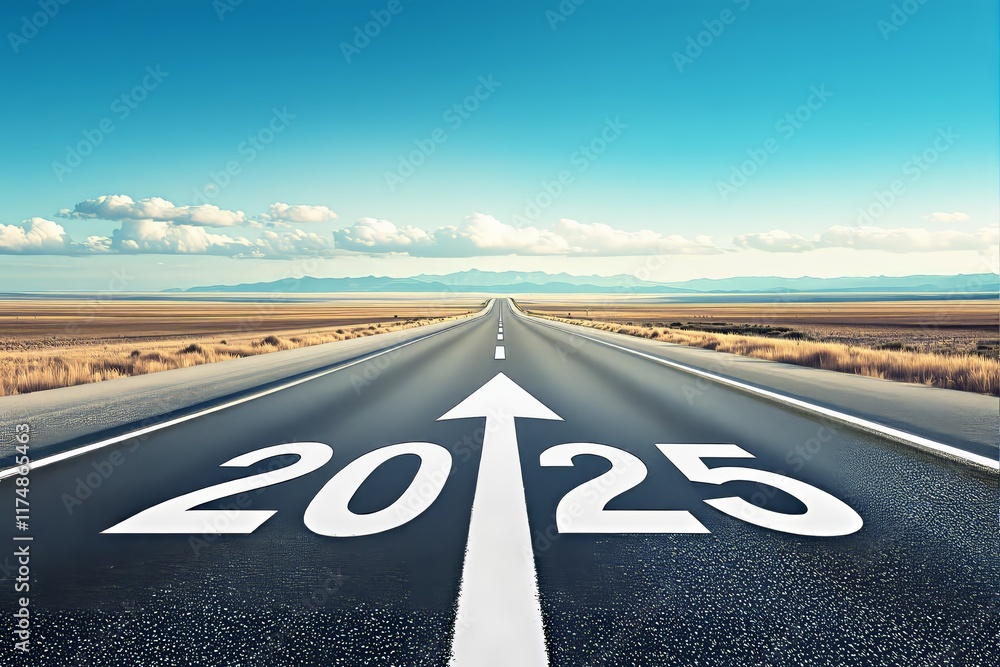 Poster long highway with 2025 and arrow pointing forward, under clear blue sky with clouds, surrounded by o