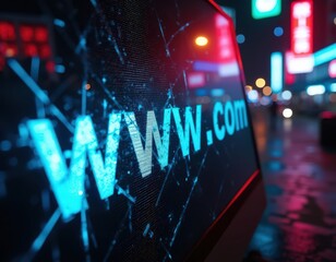 Cracked Digital Billboard Displaying www.com in a Vibrant Neon City Nightscape - A Cyberpunk Style Nighttime Scene of Broken Technology and Urban Decay