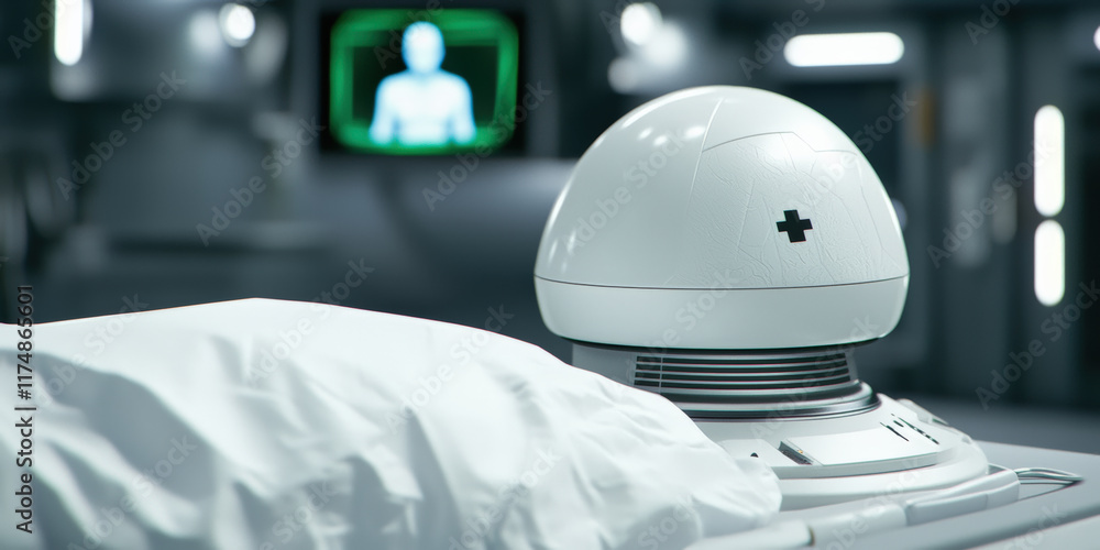 Poster a futuristic medical robotics scene featuring a sleek white device beside a covered figure, set agai