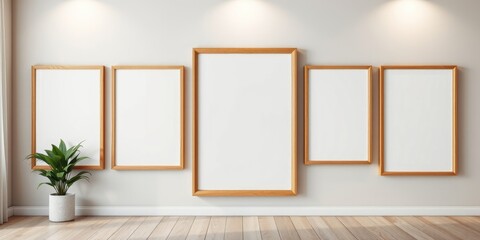 Fototapeta premium Modern minimalist home interior with empty wooden picture frames and a potted plant