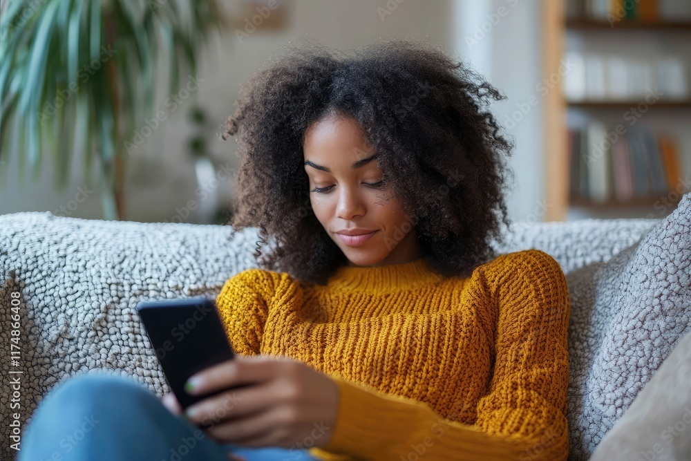 Aufkleber individual relaxing on a sofa while browsing on a smartphone, thoughtfully considering a task in a p