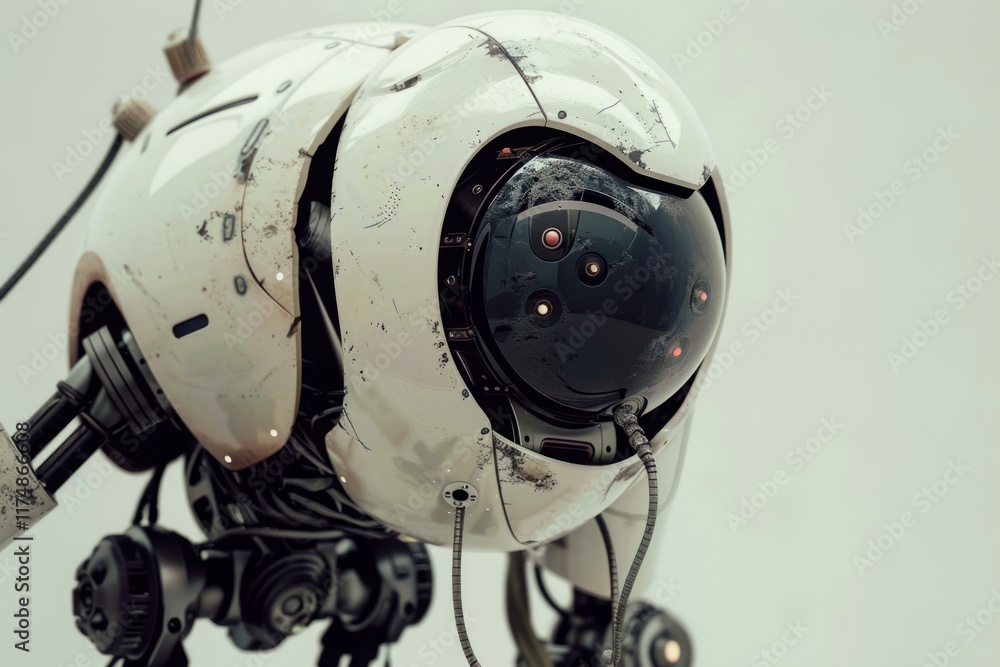 Poster white futuristic robot standing and showing artificial intelligence on white background
