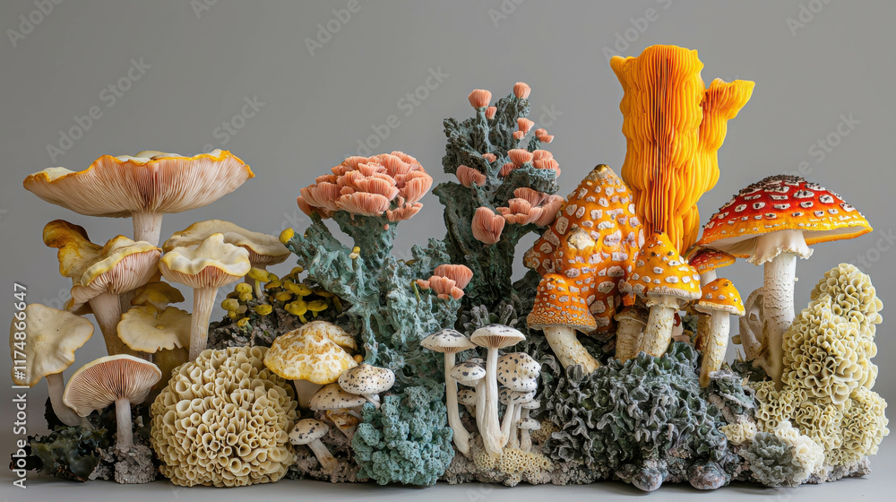 Poster Artistic Display of Colorful Fungi in a Unique and Vibrant Arrangement