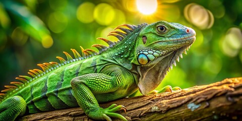 Naklejka premium Green Iguana Resting on a Lush Tree Branch - Exotic Reptile in Natural Habitat