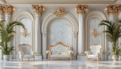 Elegant Gold Accented Living Room With Marble Walls
