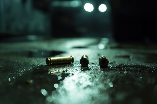 Spent bullet casings lie on a wet dark street