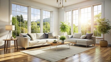 Bright White Living Room Interior Design, Natural Light, Realistic Textures, Modern Home