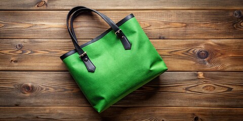 Green Tote Bag with Black Handle on Wooden Table - Aerial View Stock Photo