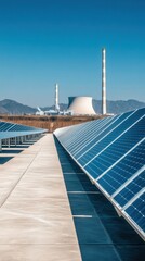 Obraz premium A juxtaposition of solar panels in the foreground with a nuclear power plant in the distance, set against a clear blue sky and mountain backdrop.