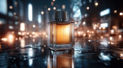 A sleek cologne bottle glows against a blurred cityscape backdrop. Perfect for a sophisticated men's fragrance advertisement.