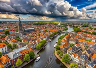 Obraz premium Haarlem Netherlands Summer Panorama Aerial View Cloudy Sky Cityscape