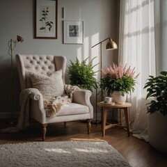 Fototapeta premium A cozy reading nook with an Astilbe plant in a ceramic pot on a side table next to a tufted armchair.