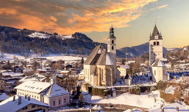 View of the town of Kitzb&uuml;hel at Wilder Kaiser in Austria Tyrol European Alps at sunset