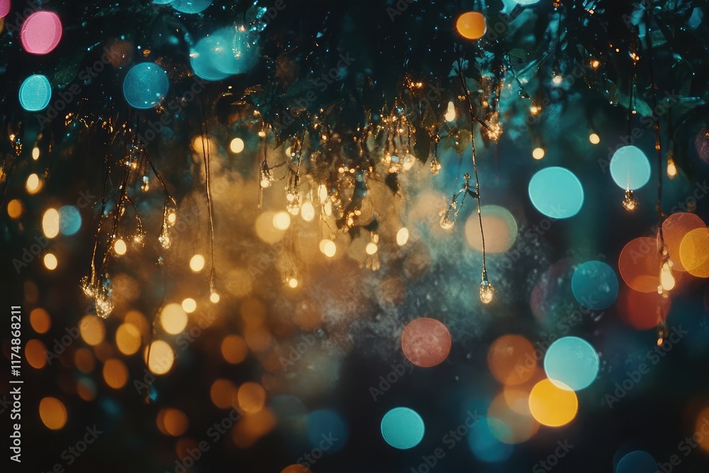 Poster iridescent glowing lights and bokeh flares on a dark backdrop, perfect for creating magical and atmo