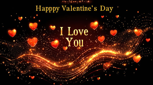 Glowing golden hearts floating on a black background with luminous waves and the message "Happy Valentine's Day, I Love You". Generated with AI.