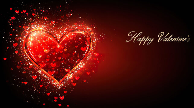 Large glittering red heart made of luminous particles on a dark background with the message "Happy Valentine's Day". Generated with AI.