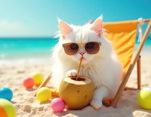 A Fluffy White Cat in Sunglasses Enjoying a Coconut Drink on a Sunny Beach Day