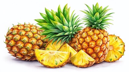 Hand-Drawn Style Pineapple & Pineapple Slices, Isolated on White Background