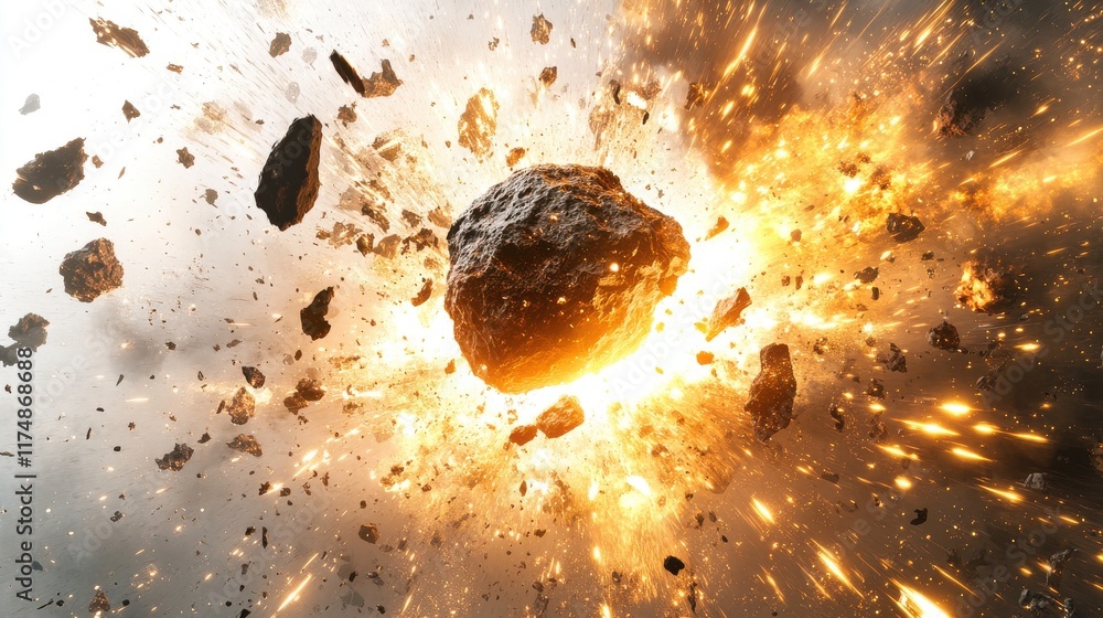 Poster an explosive asteroid collision illuminating the cosmic backdrop with fiery debris and bright sparks