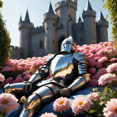 Knight sleeps on a flower bed, view of the castle behind, reflective armor, fairytale picture