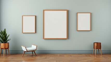 Modern minimalist interior design with empty frames and plants