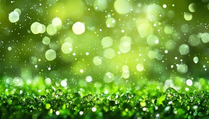 Fototapeta premium Green Lush Foliage With Dew Drops And Bokeh