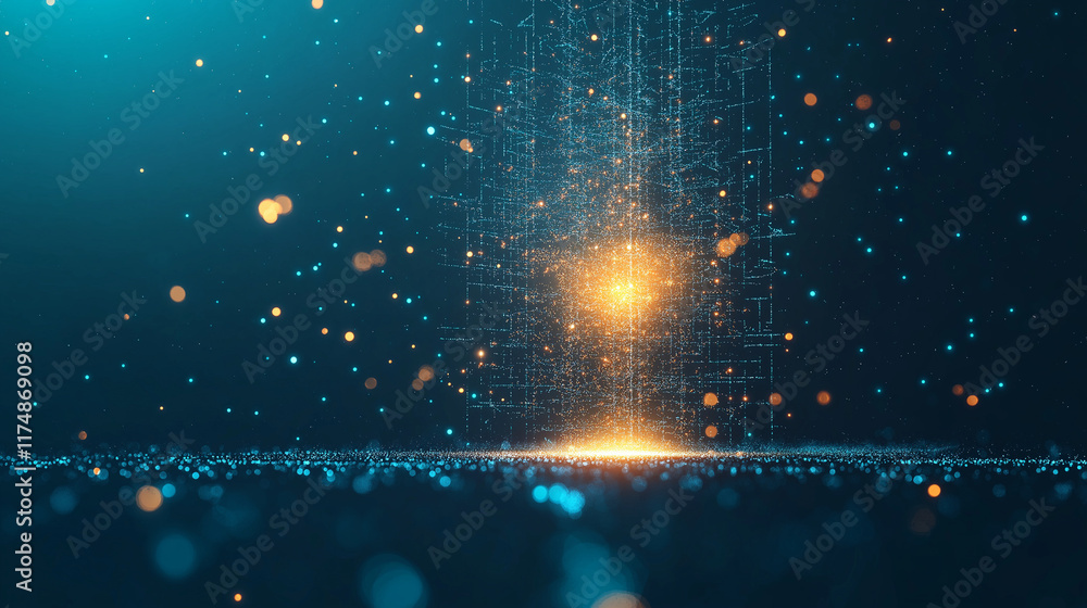 Poster data spark: a captivating abstract image depicting a surge of data points, converging towards a bril