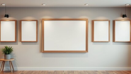 Empty wooden picture frames on a wall with recessed lighting and a plant