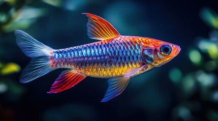 Fototapeta premium A vibrant, multicolored fish swims gracefully in a dark, aquatic environment, showcasing its iridescent scales.