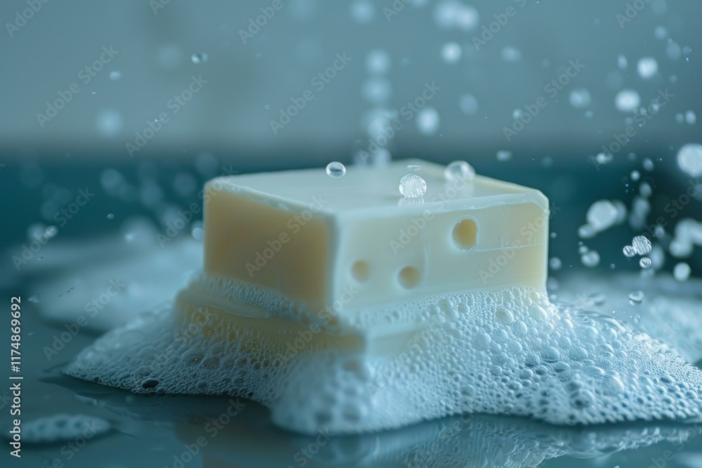 Poster white soap bar is surrounded by soap suds with water droplets splashing