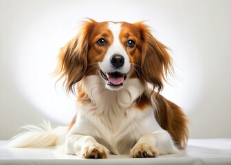 Happy Kooikerhondje Dog Resting on White Background - Night Photography