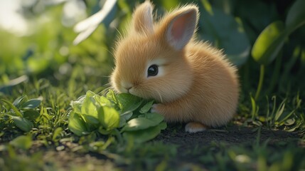Fototapeta premium Adorable fluffy orange bunny nibbling on fresh green leaves in a vibrant garden.