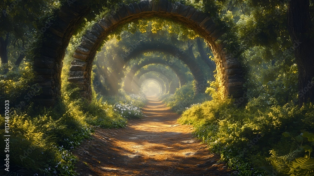 Poster enchanted forest path leading through ancient stone arches illuminated by soft warm morning light fi