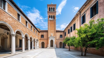 Obraz premium A serene courtyard featuring classic architecture with a vibrant blue sky, perfect for a tranquil escape.