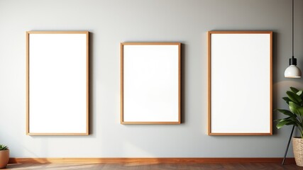 Three Blank Light Wood Frames on a Gray Wall with Plants and Pendant Light